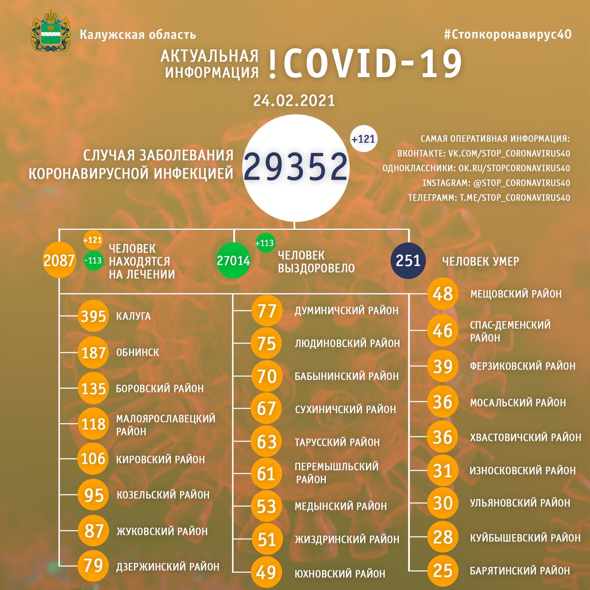 Официальная статистика по коронавирусу в Калужской области 24 февраля 2021 года.